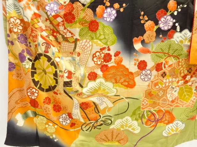  大正ロマン　御所車に松梅模様刺繍五つ紋花嫁衣装振袖2枚重ね・丸帯セット